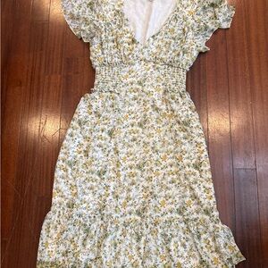 Max Studio White and Yellow Floral Midi V Neck Dress